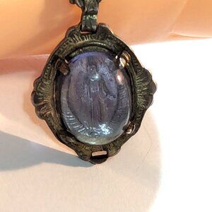 Antique Domed Orb Jesus Medal Necklace 16" Sterling Box Chain